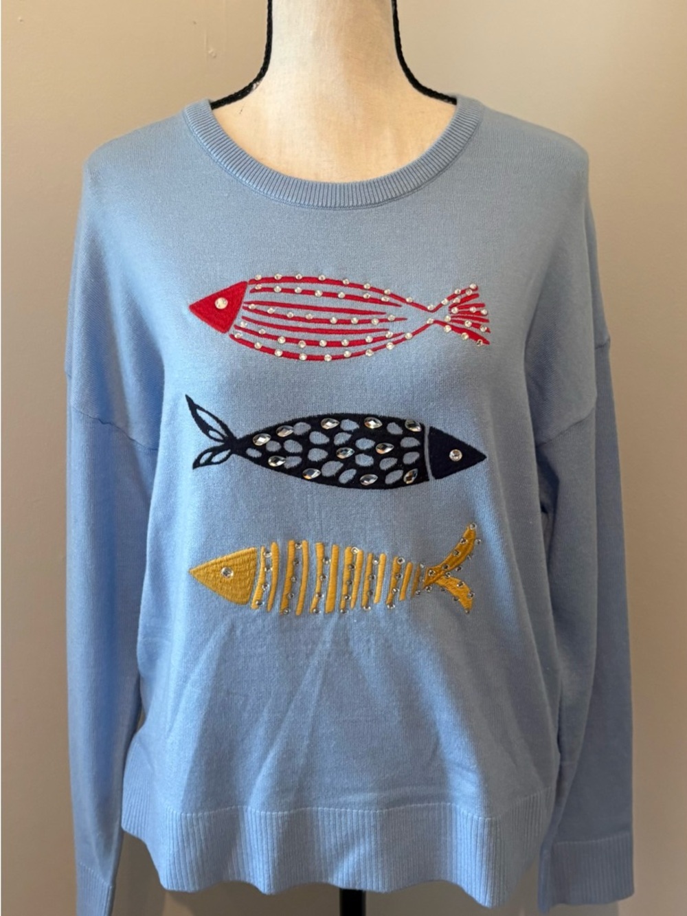 BELLDINI Women's Rhinestone FISH embroidery Crew Neck Soft Sweater BLUE NEW Med